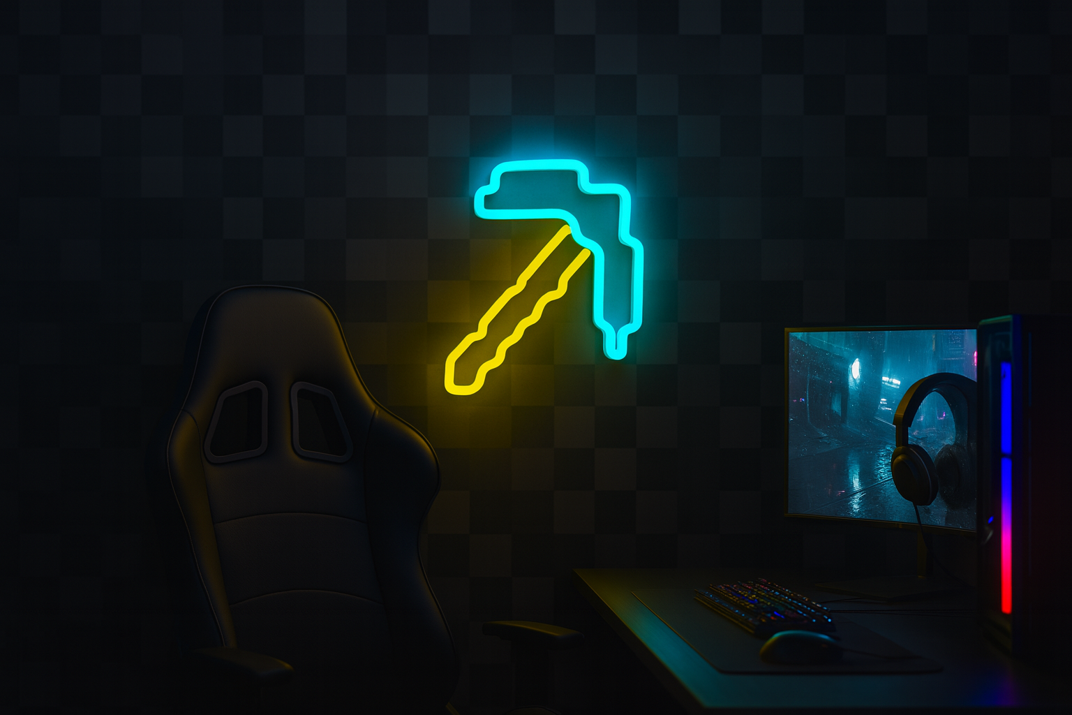 Neon Minecraft Kilof LED | Kilof z Minecraft na Ścianę neon minecraft kilof led